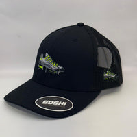 Black trucker cap with embroidered design and 'BOSHI' logo on a white background