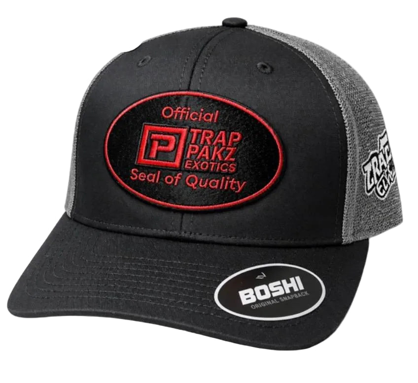 Black and gray cap with Trap Pakz Exotics logo on a white background