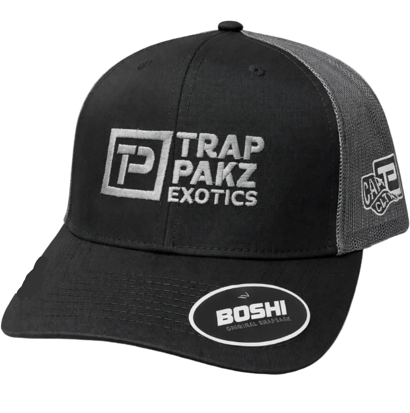 Black cap with Trap Pakz Exotics logo on a white background