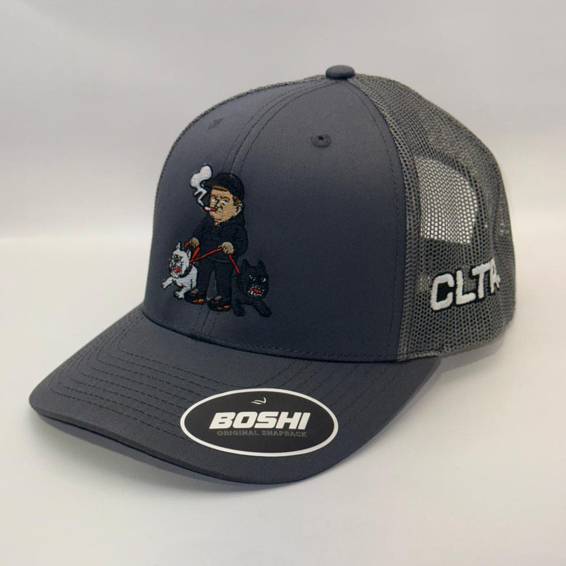 Gray cap with embroidered design and 'BOSHI' logo on a white background