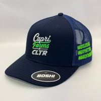 Navy blue cap with branding on a white background