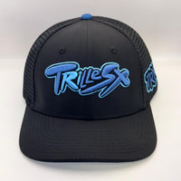 A black trucker-style cap with a curved brim, black mesh back, and a blue embroidered 'TRiLeSX' logo on the front, shown against a plain light background.