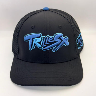 A black trucker-style cap with a curved brim, black mesh back, and a blue embroidered 'TRiLeSX' logo on the front, shown against a plain light background.