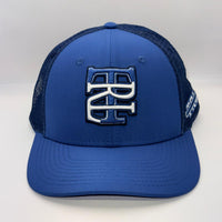 A royal blue trucker hat with a structured front panel and dark navy mesh back. The front features a large, raised interlocking 'BC' logo in navy and white.
