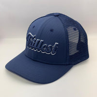 A navy blue trucker hat with a curved brim, featuring the word 'Tallest' embroidered in white script across the front panels and a matching navy mesh back.