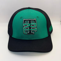 A green and black trucker-style baseball cap with a large embroidered 'BC' logo on the front, set against a plain white background.
