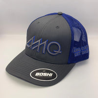A dark gray and blue trucker-style cap with a curved brim, featuring a large embroidered '441Q' logo on the front, a 'BOSHI' sticker on the brim, and blue mesh back panels.