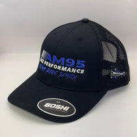 A black mesh-back trucker hat with a curved brim, featuring 'AM95 Racing Blue Spark' embroidered in blue and white on the front, and a circular white 'BOSHI' sticker on the brim.