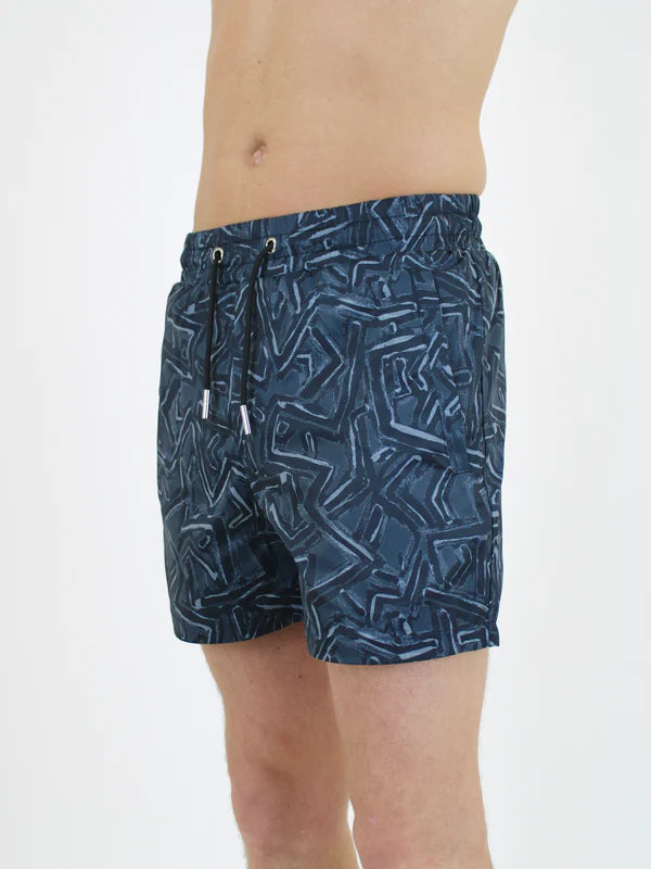 White Threads, Black Abstract Swim Shorts