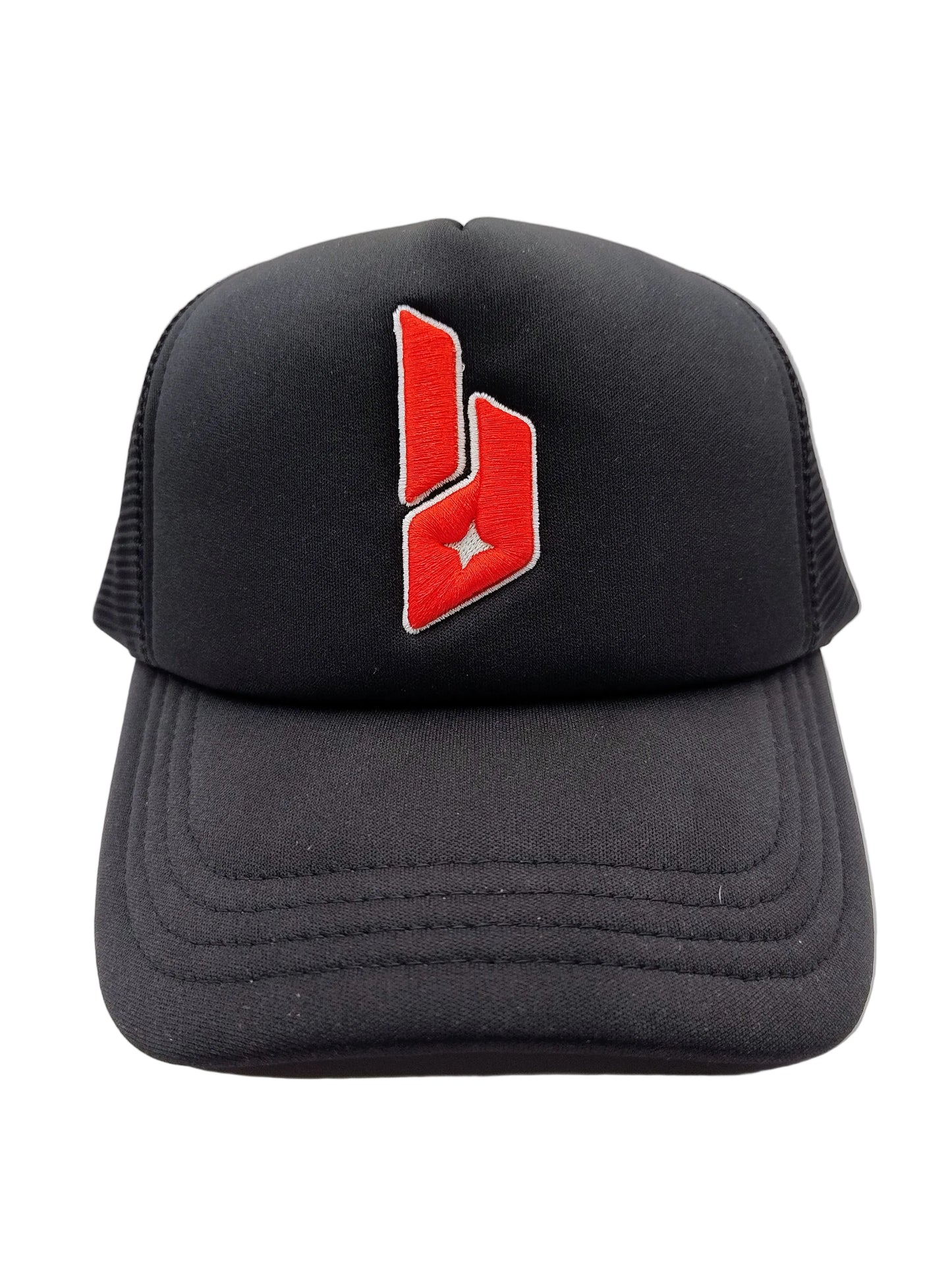 Black cap with a red logo on a white background