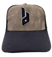Beige and black trucker hat with a logo on a white background