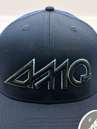 Navy blue cap with a logo on a light gray background