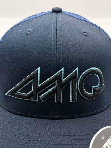 Navy blue cap with a logo on a light gray background
