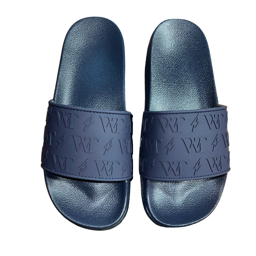 White Threads Navy Embossed Sliders