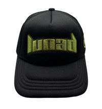 Black cap with green text on a white background