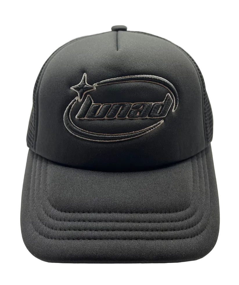 Black trucker cap with logo on a beige background