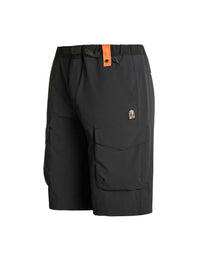 Black cargo shorts with orange accents on a white background