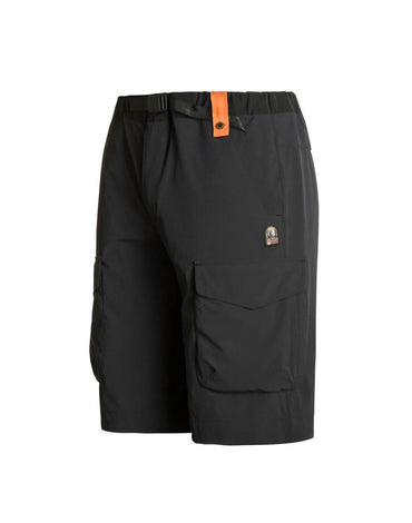 Black cargo shorts with orange accents on a white background