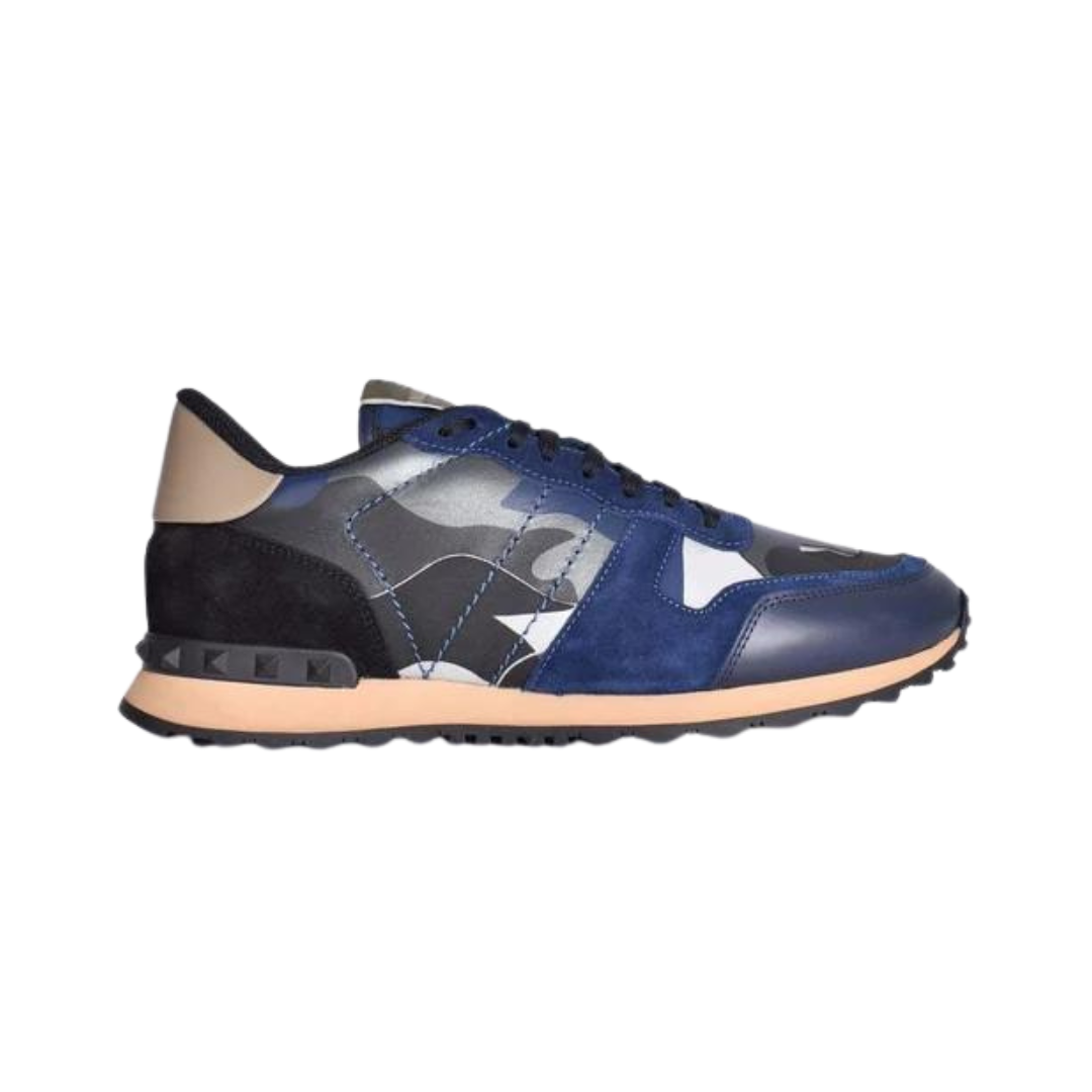 Valentino Trainers, Garavani Rockstud Navy Suede with Reflective Grey Camo