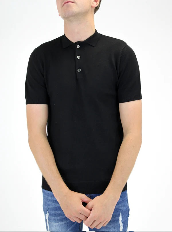 White Threads Black Knitted Polo Shirt