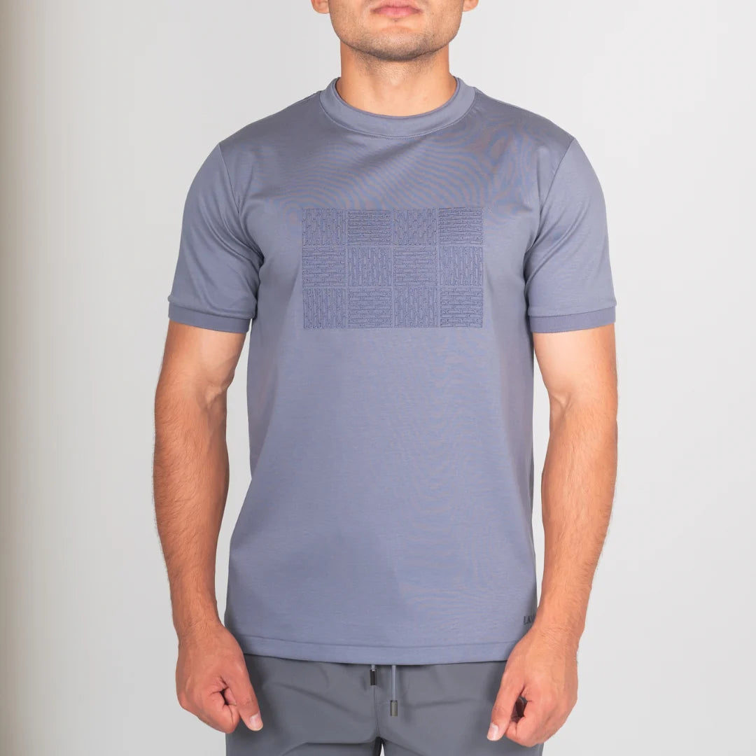 Lanka Box Pattern Stitch T-Shirt - Steel Blue