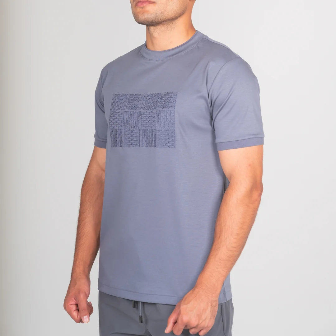 Lanka Box Pattern Stitch T-Shirt - Steel Blue