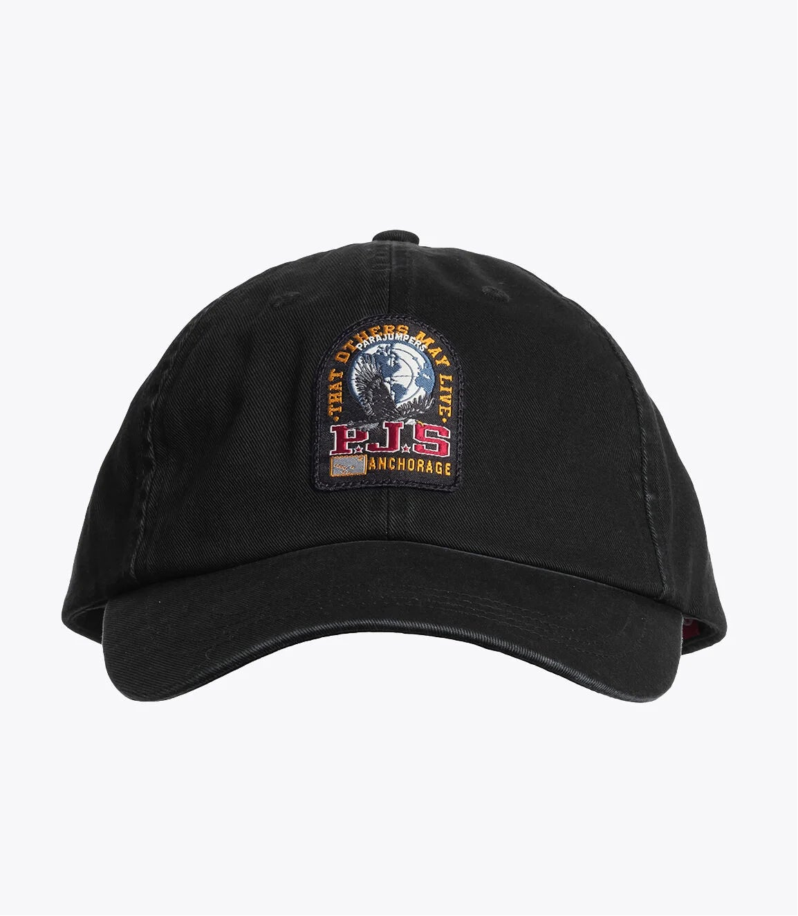 Black cap with embroidered design on a white background